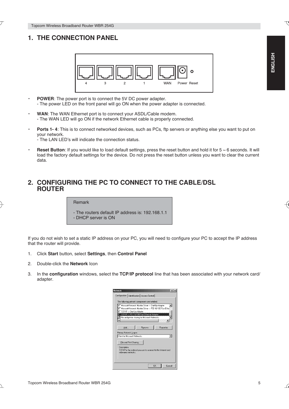 The connection panel | Topcom Skyr@cer WBR 254G User Manual | Page 5 / 104