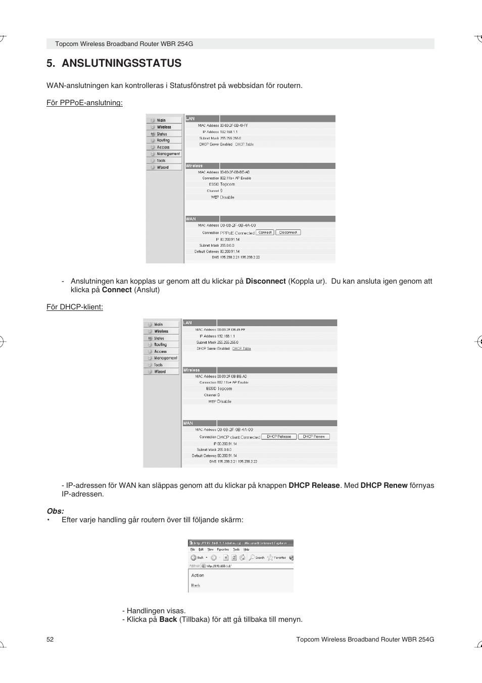 Anslutningsstatus | Topcom Skyr@cer WBR 254G User Manual | Page 52 / 104