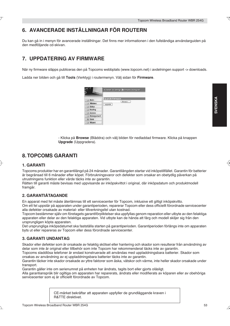 Avancerade inställningar för routern, Uppdatering av firmware, Topcoms garanti | Topcom Skyr@cer WBR 254G User Manual | Page 53 / 104