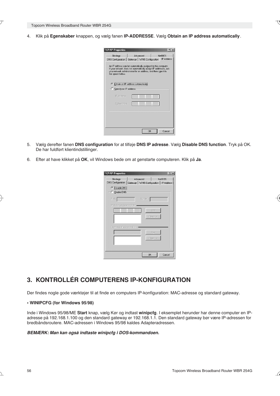 Kontrollér computerens ip-konfiguration | Topcom Skyr@cer WBR 254G User Manual | Page 56 / 104