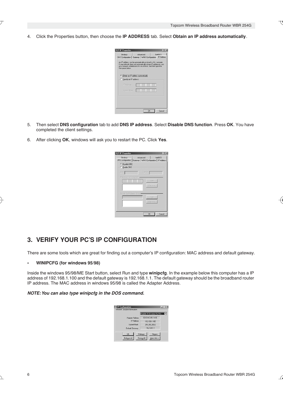 Verify your pc’s ip configuration | Topcom Skyr@cer WBR 254G User Manual | Page 6 / 104