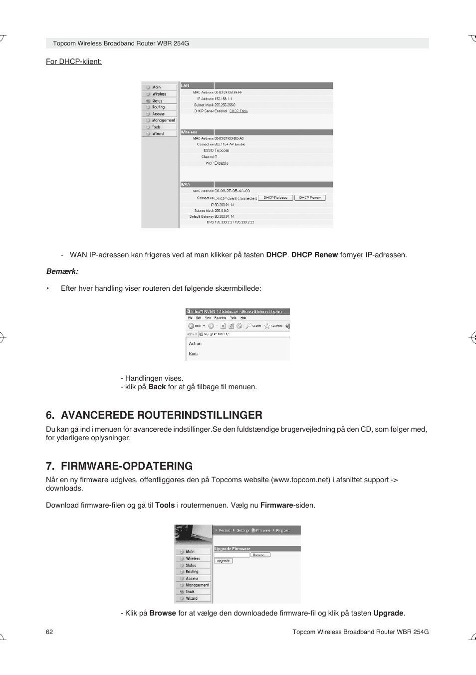 Avancerede routerindstillinger, Firmware-opdatering | Topcom Skyr@cer WBR 254G User Manual | Page 62 / 104