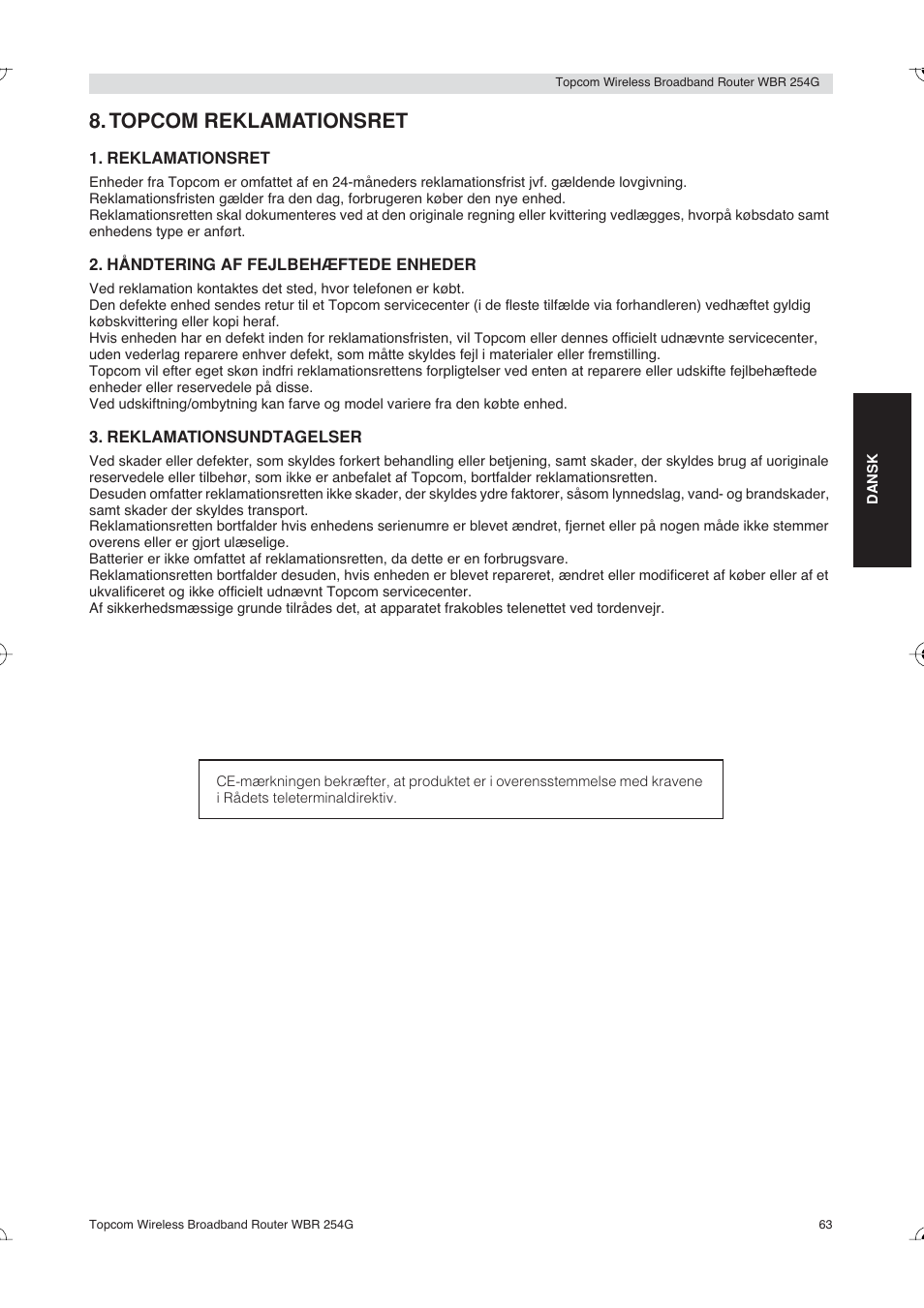 Topcom reklamationsret | Topcom Skyr@cer WBR 254G User Manual | Page 63 / 104