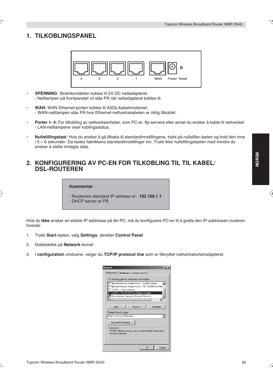 Tilkoblingspanel | Topcom Skyr@cer WBR 254G User Manual | Page 65 / 104