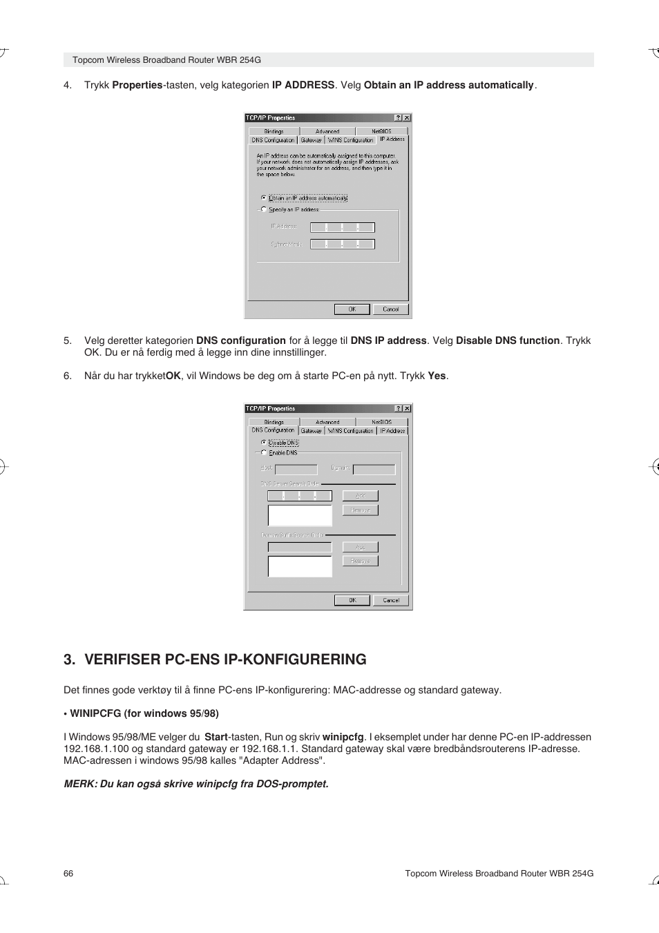 Verifiser pc-ens ip-konfigurering | Topcom Skyr@cer WBR 254G User Manual | Page 66 / 104