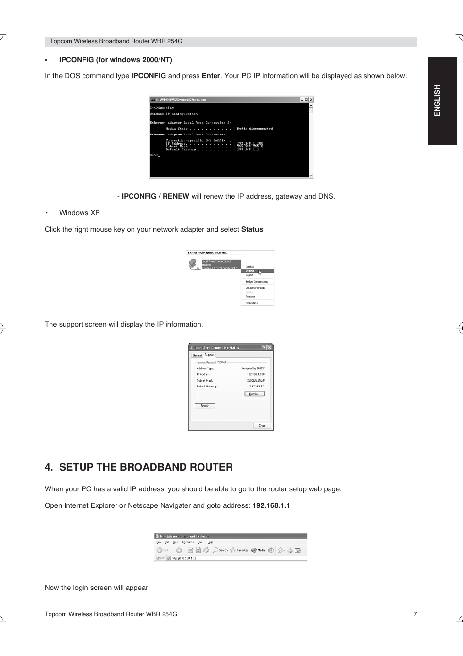 Setup the broadband router | Topcom Skyr@cer WBR 254G User Manual | Page 7 / 104