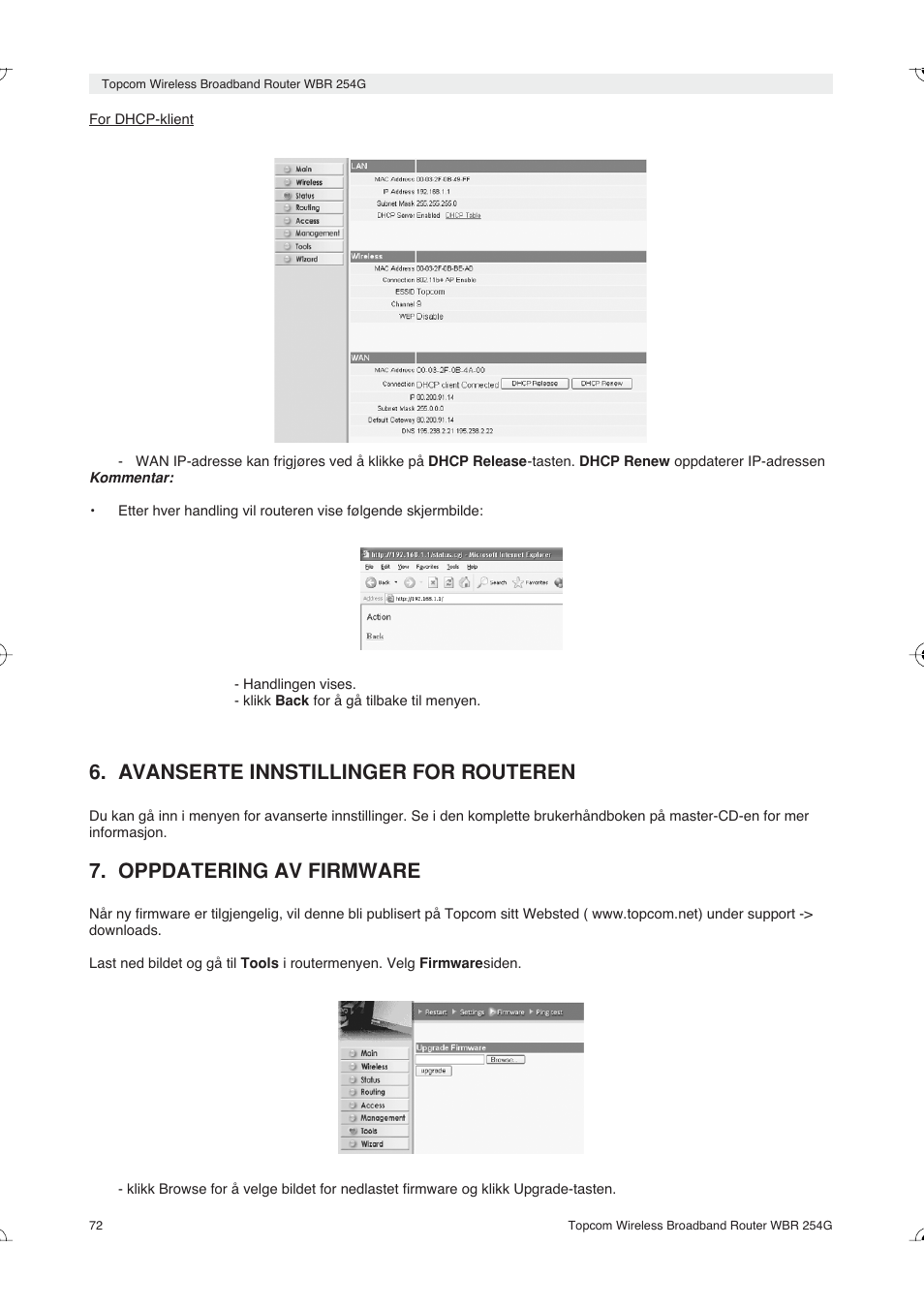 Avanserte innstillinger for routeren, Oppdatering av firmware | Topcom Skyr@cer WBR 254G User Manual | Page 72 / 104