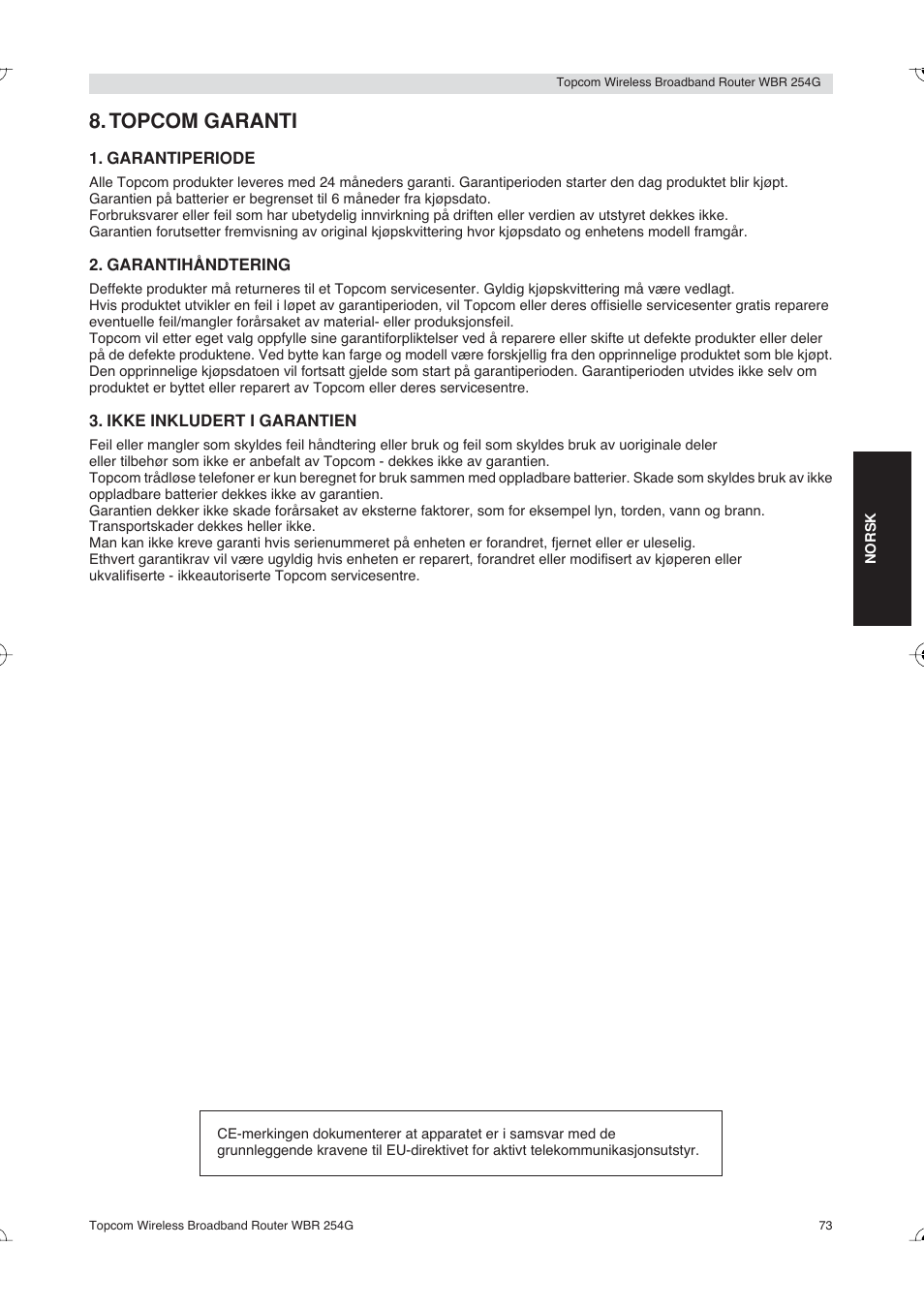 Topcom garanti | Topcom Skyr@cer WBR 254G User Manual | Page 73 / 104