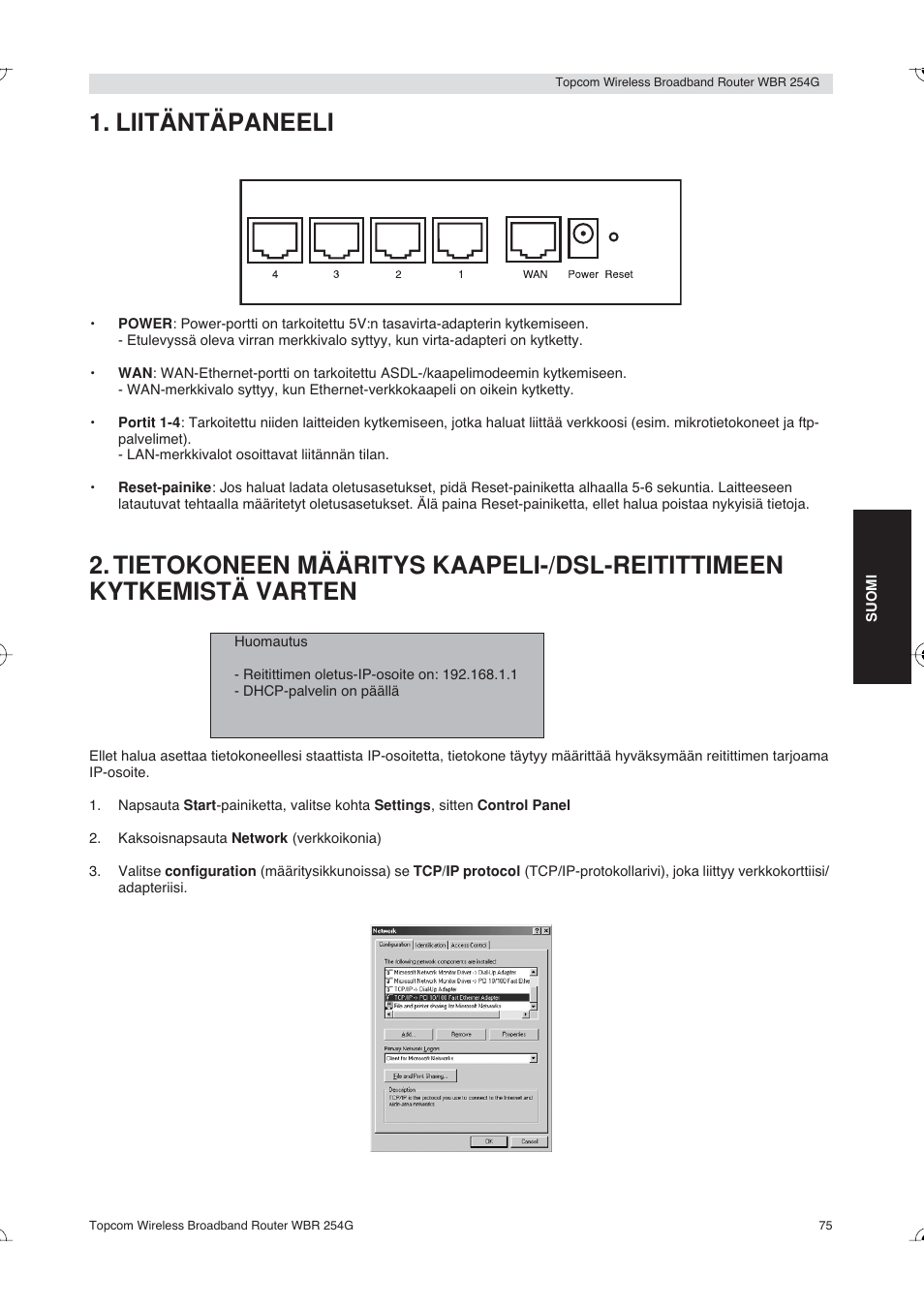 Liitäntäpaneeli | Topcom Skyr@cer WBR 254G User Manual | Page 75 / 104