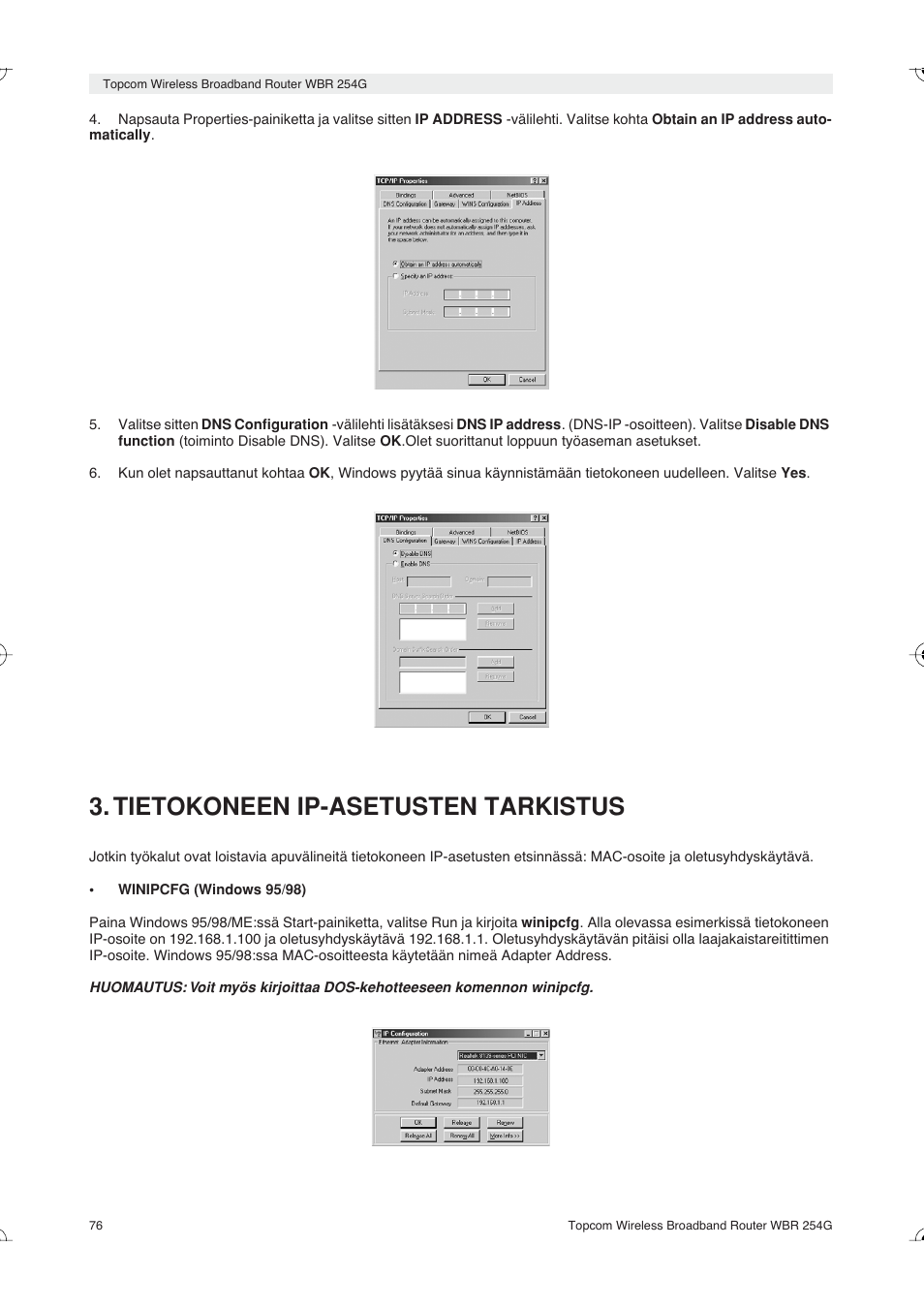 Tietokoneen ip-asetusten tarkistus | Topcom Skyr@cer WBR 254G User Manual | Page 76 / 104