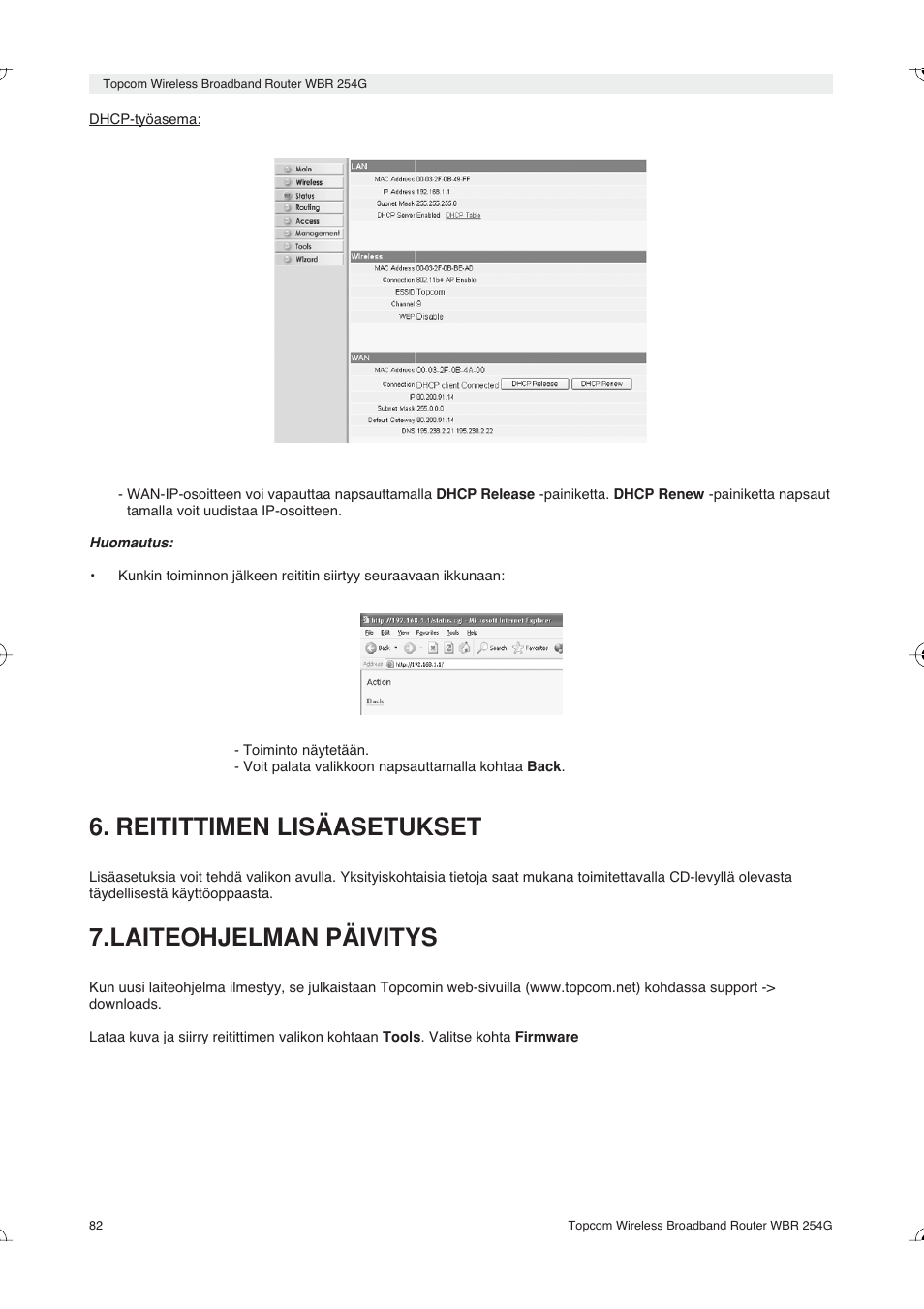 Reitittimen lisäasetukset, Laiteohjelman päivitys | Topcom Skyr@cer WBR 254G User Manual | Page 82 / 104