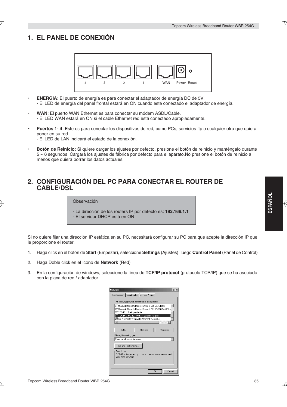 El panel de conexión | Topcom Skyr@cer WBR 254G User Manual | Page 85 / 104