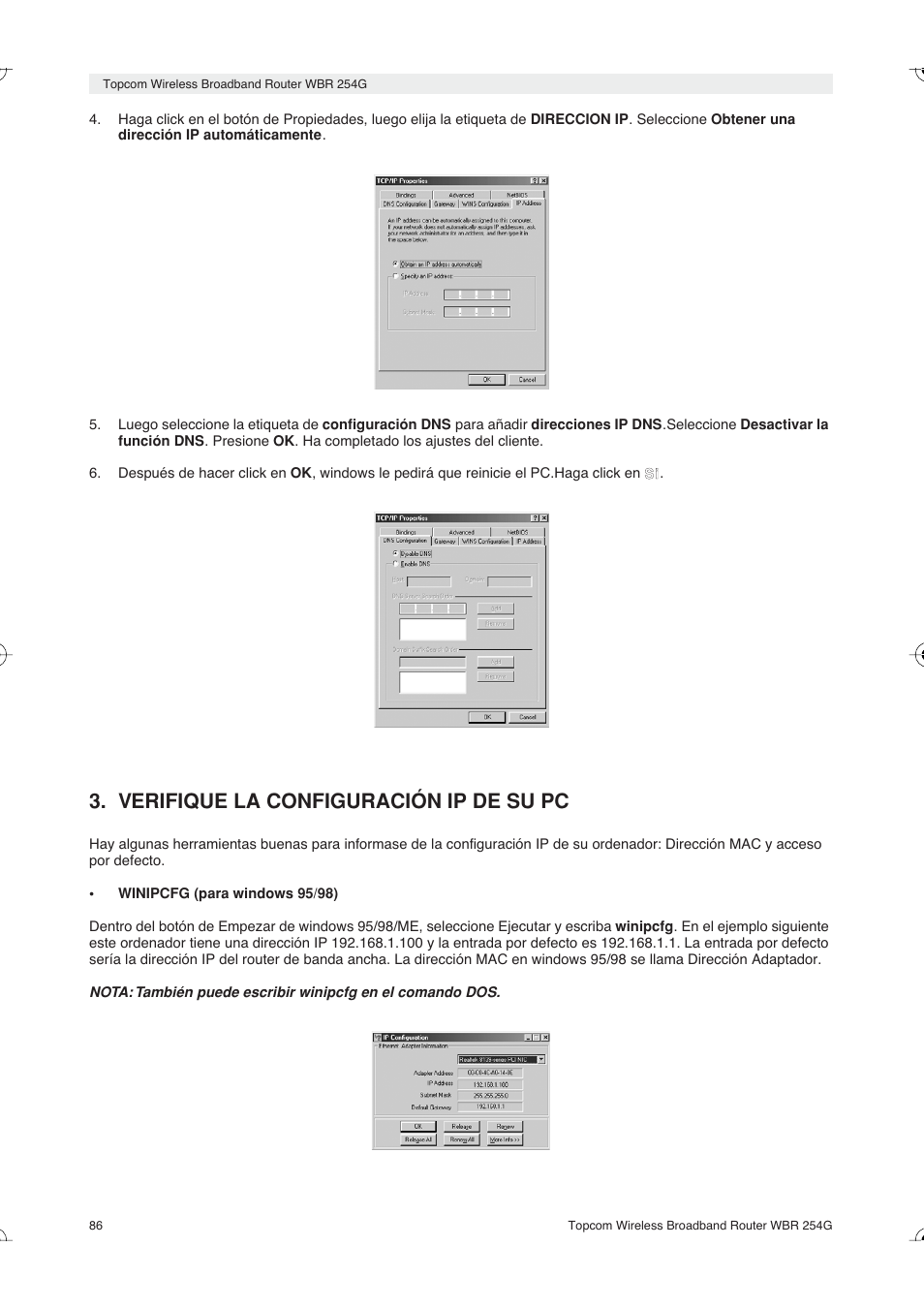 Verifique la configuración ip de su pc | Topcom Skyr@cer WBR 254G User Manual | Page 86 / 104