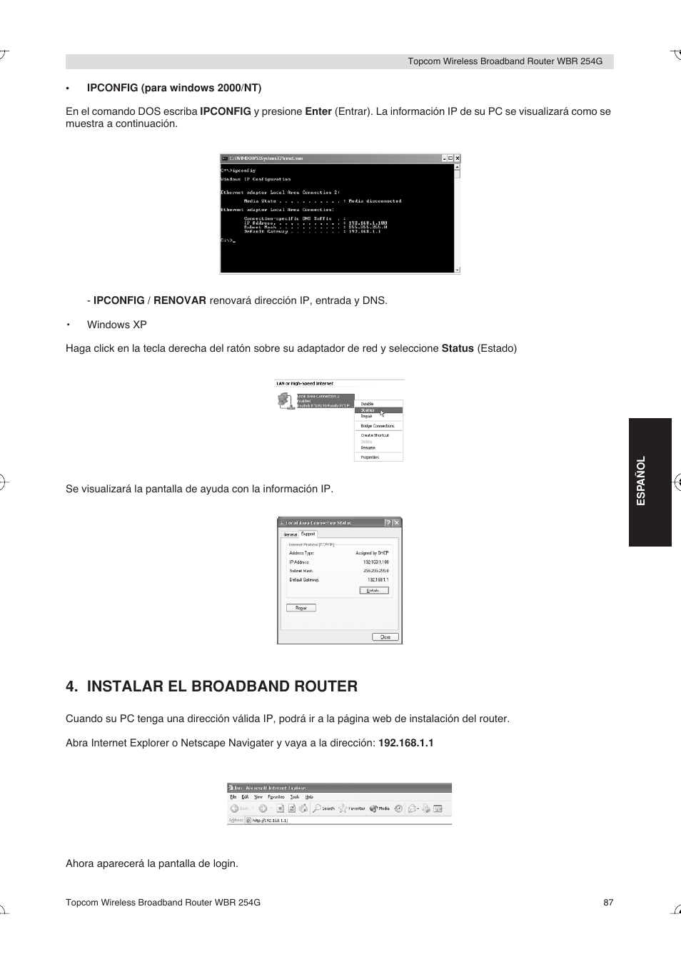 Instalar el broadband router | Topcom Skyr@cer WBR 254G User Manual | Page 87 / 104