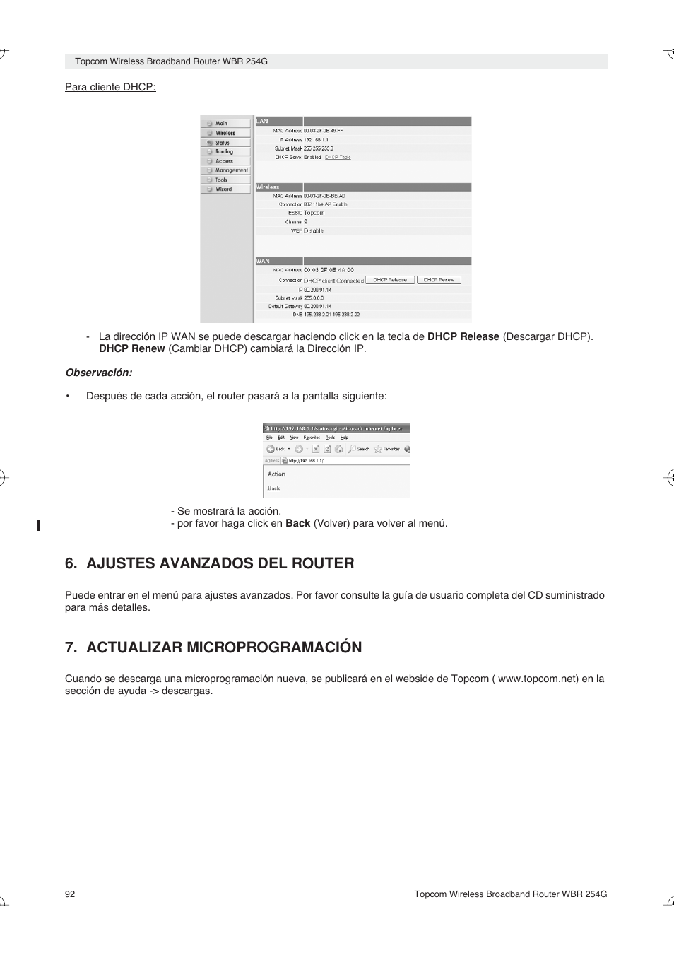 Ajustes avanzados del router, Actualizar microprogramación | Topcom Skyr@cer WBR 254G User Manual | Page 92 / 104