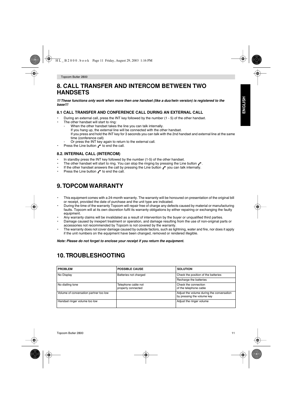 Call transfer and intercom between two handsets, Topcom warranty, Troubleshooting | Topcom Butler 2800 User Manual | Page 11 / 44