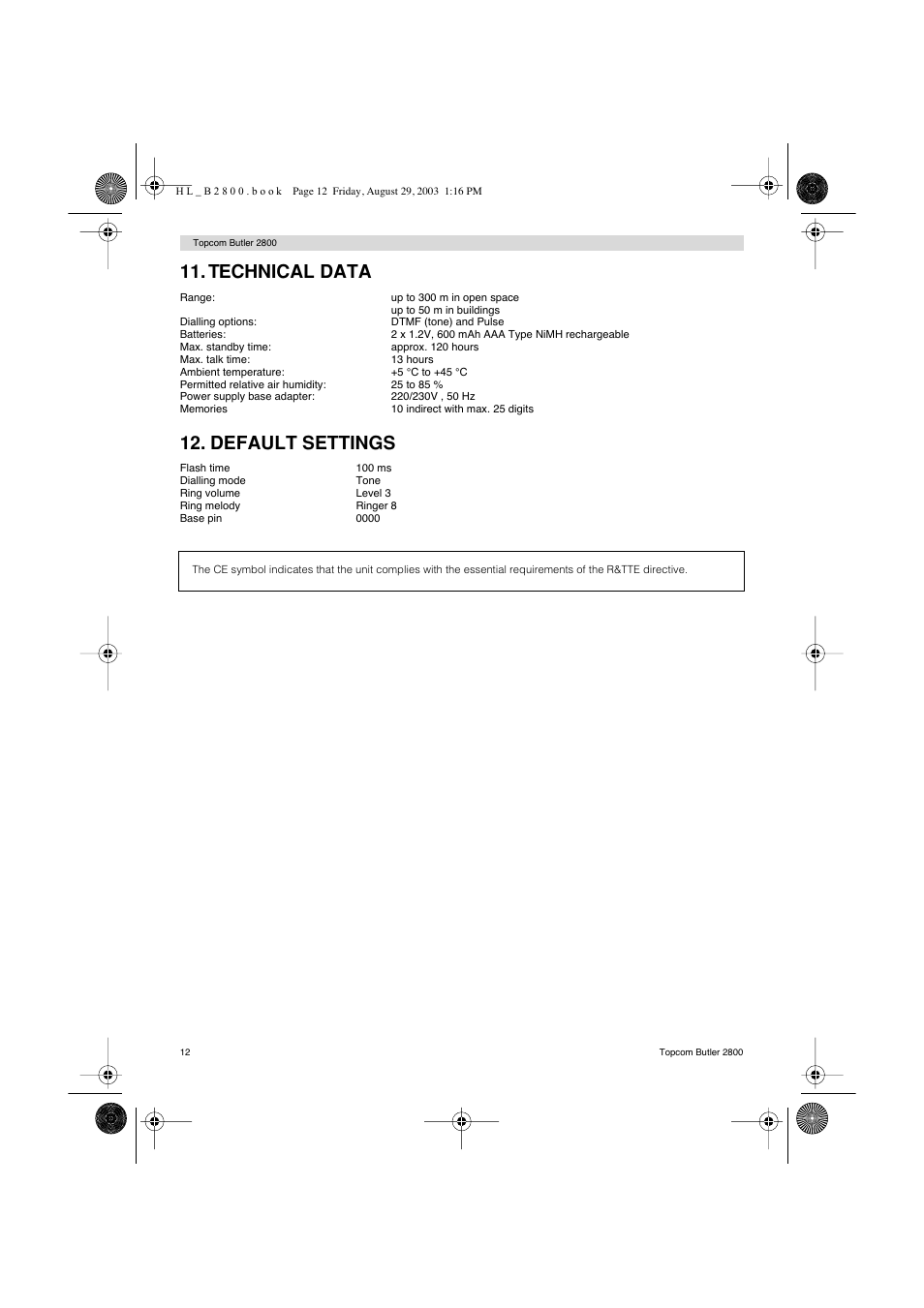 Technical data, Default settings | Topcom Butler 2800 User Manual | Page 12 / 44