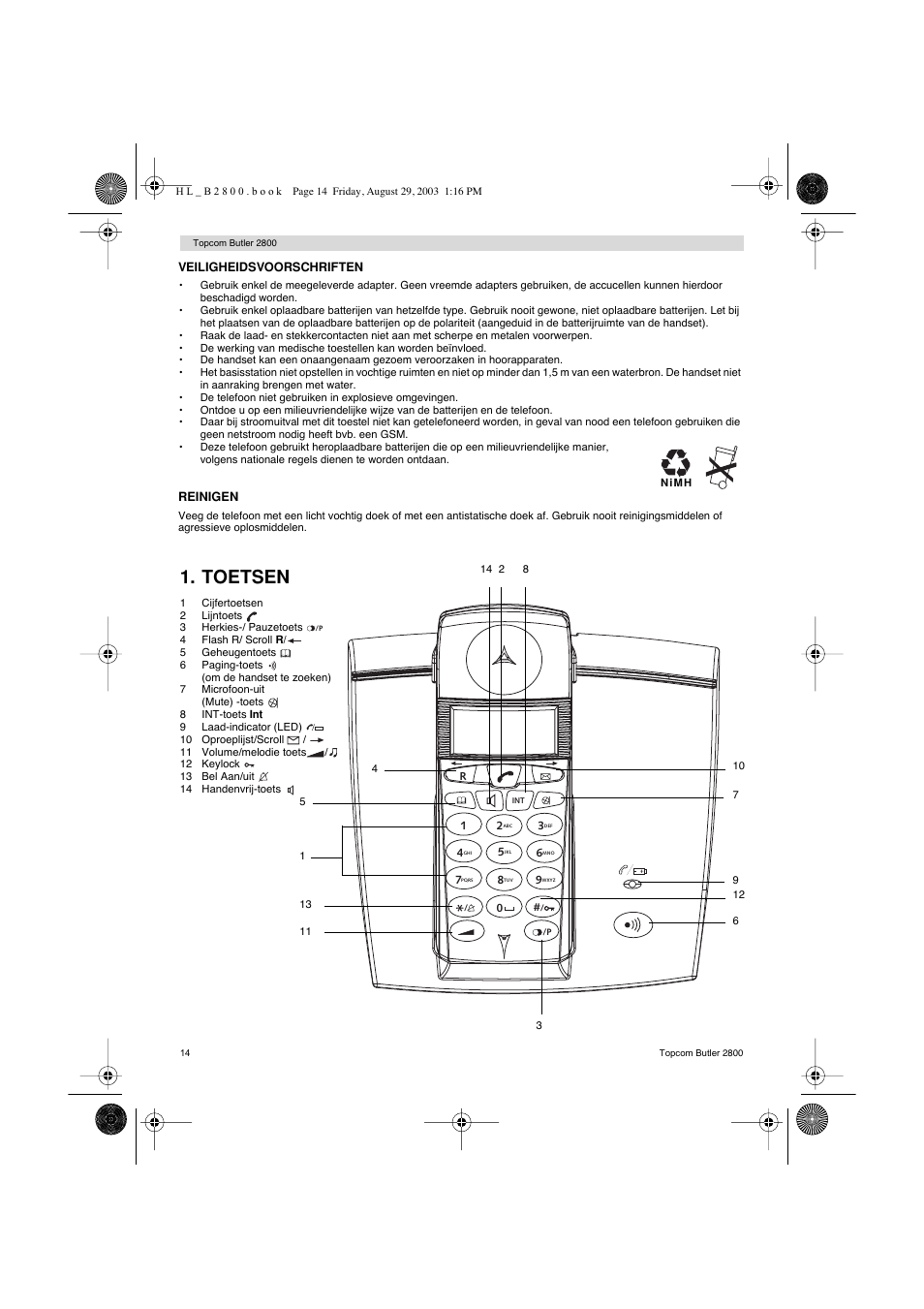 Toetsen | Topcom Butler 2800 User Manual | Page 14 / 44