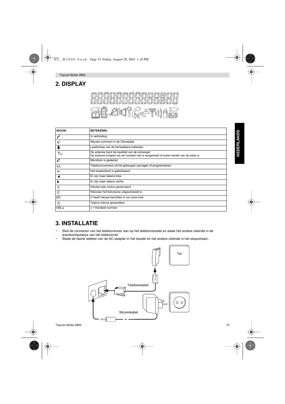 Display 3. installatie | Topcom Butler 2800 User Manual | Page 15 / 44