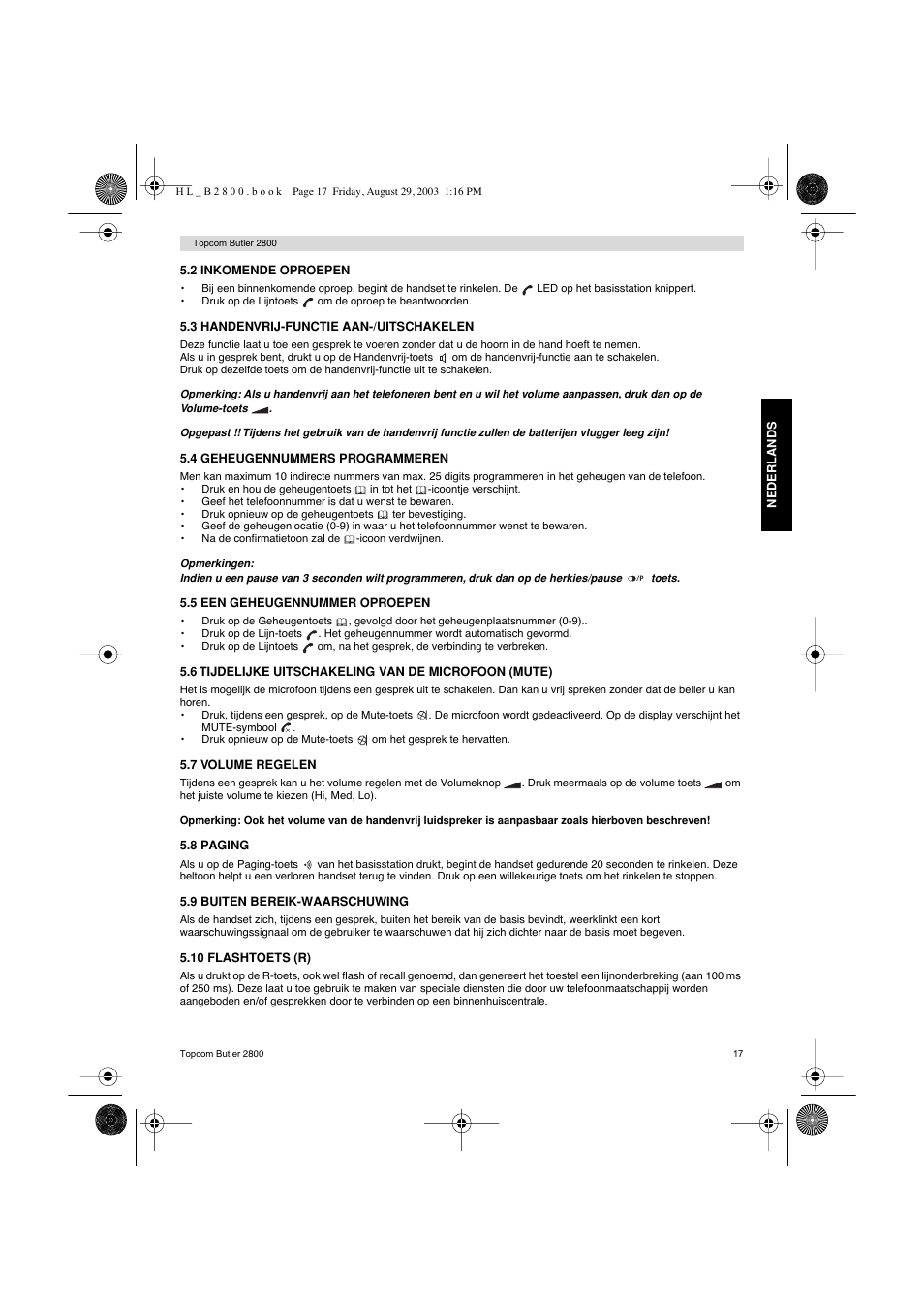 Topcom Butler 2800 User Manual | Page 17 / 44