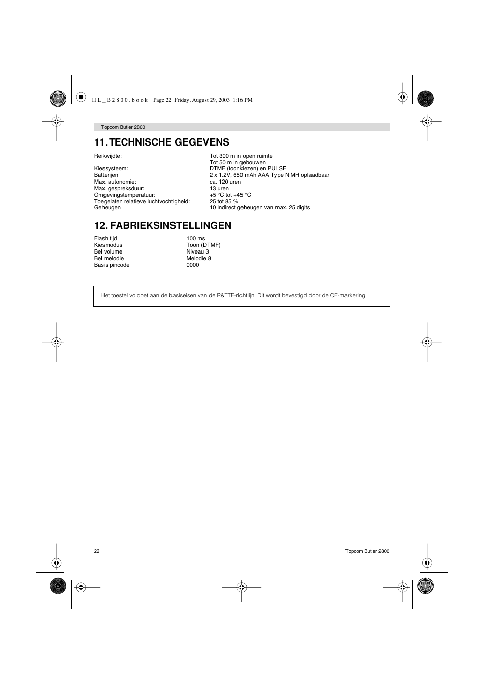 Technische gegevens, Fabrieksinstellingen | Topcom Butler 2800 User Manual | Page 22 / 44