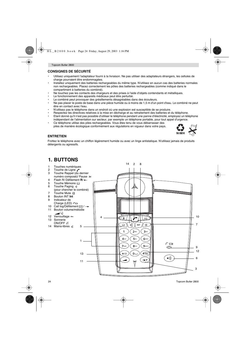 Buttons | Topcom Butler 2800 User Manual | Page 24 / 44