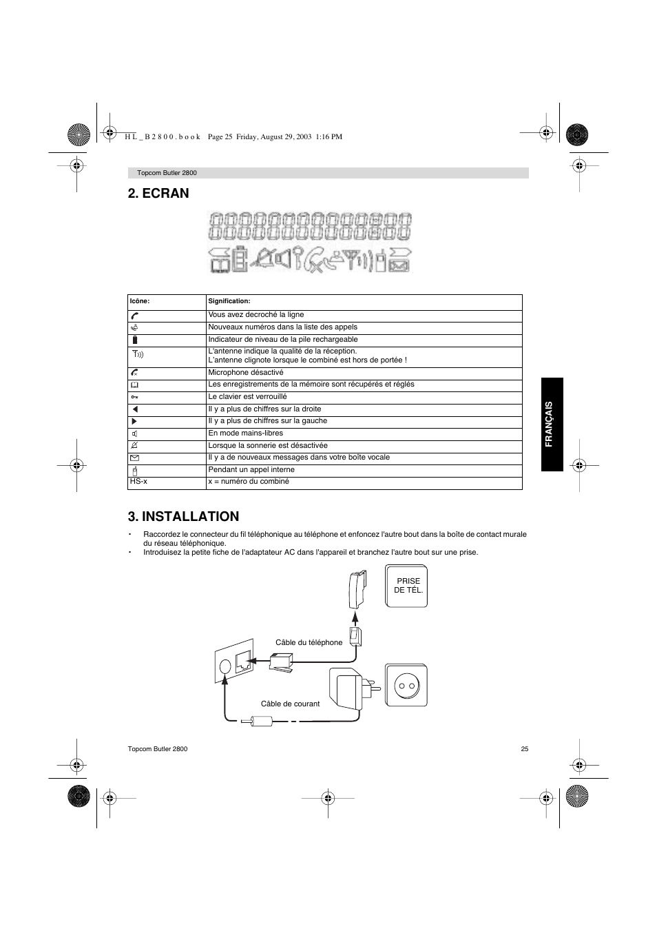 Ecran 3. installation | Topcom Butler 2800 User Manual | Page 25 / 44