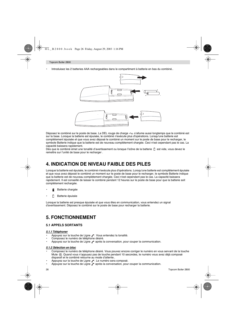 Indication de niveau faible des piles, Fonctionnement | Topcom Butler 2800 User Manual | Page 26 / 44