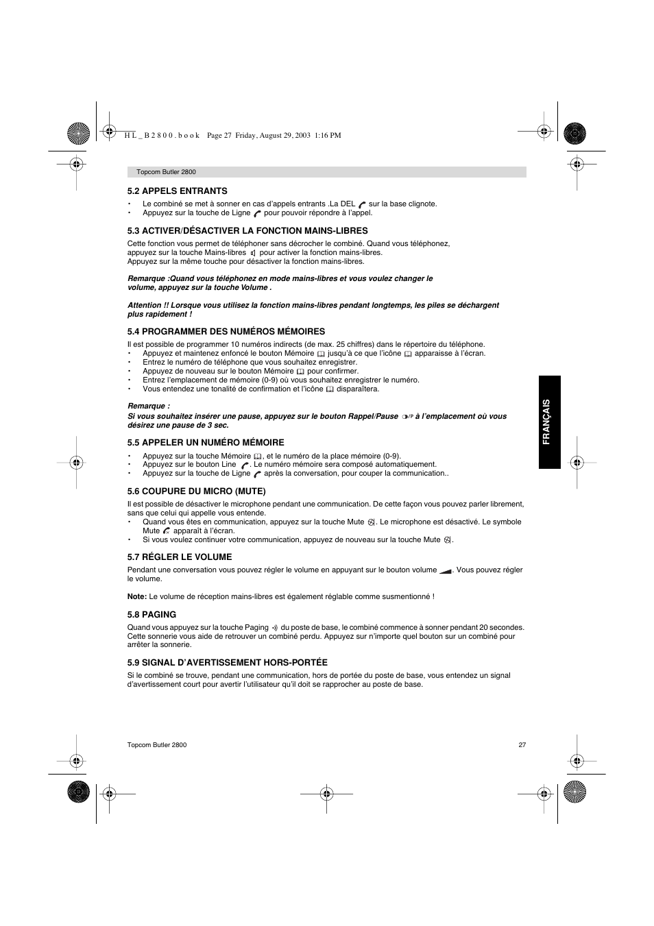 Topcom Butler 2800 User Manual | Page 27 / 44