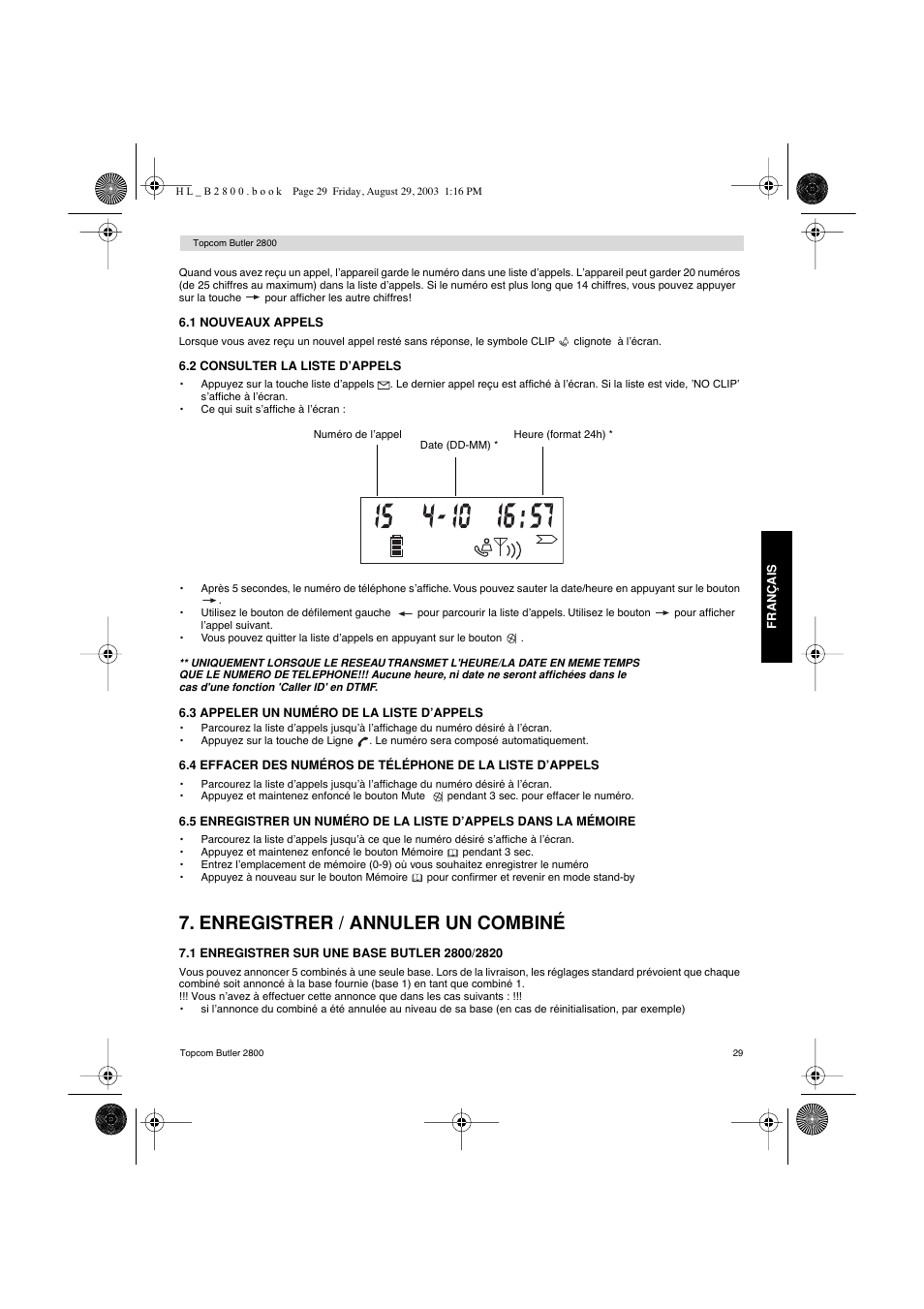 Enregistrer / annuler un combiné | Topcom Butler 2800 User Manual | Page 29 / 44