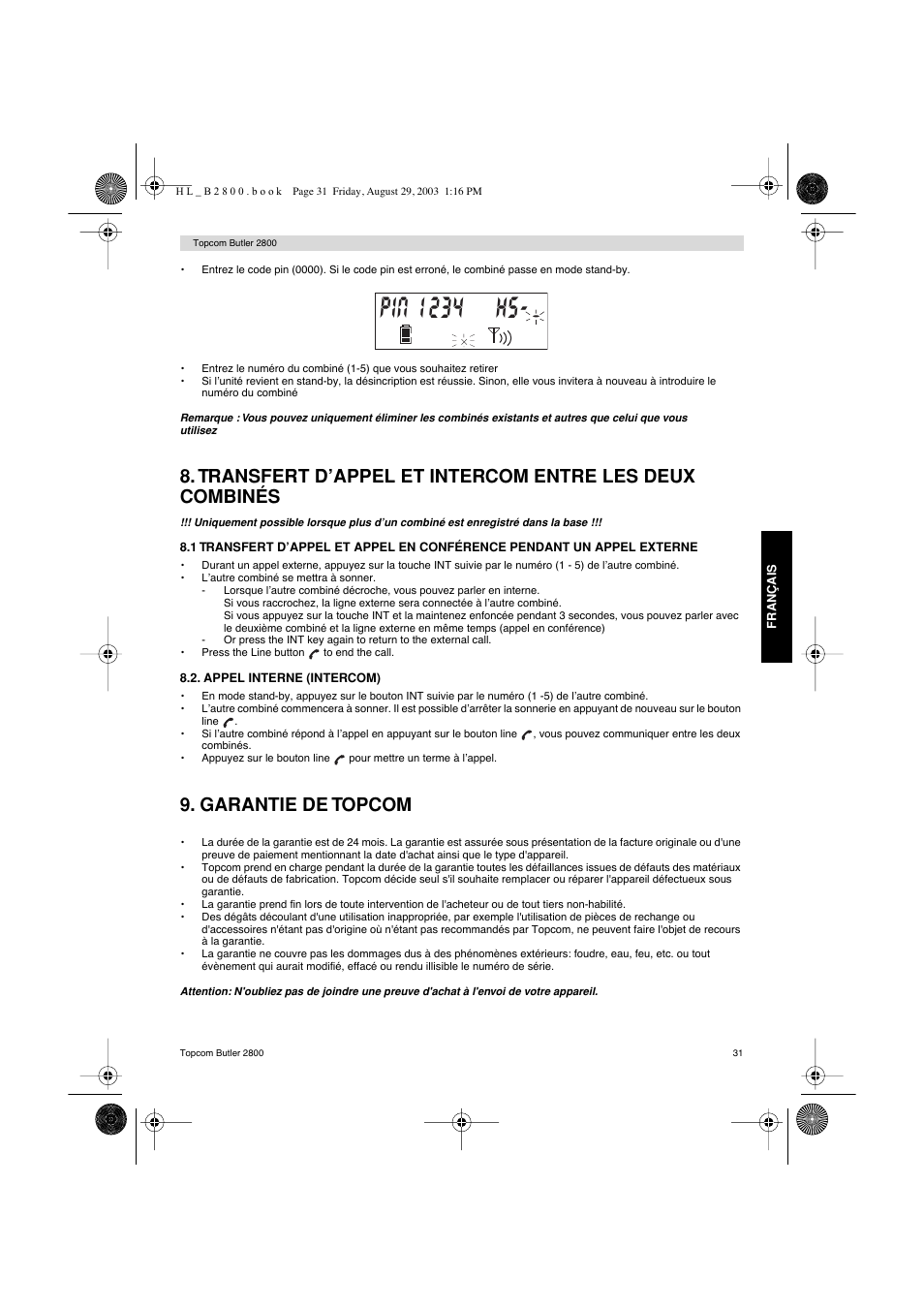 Garantie de topcom | Topcom Butler 2800 User Manual | Page 31 / 44