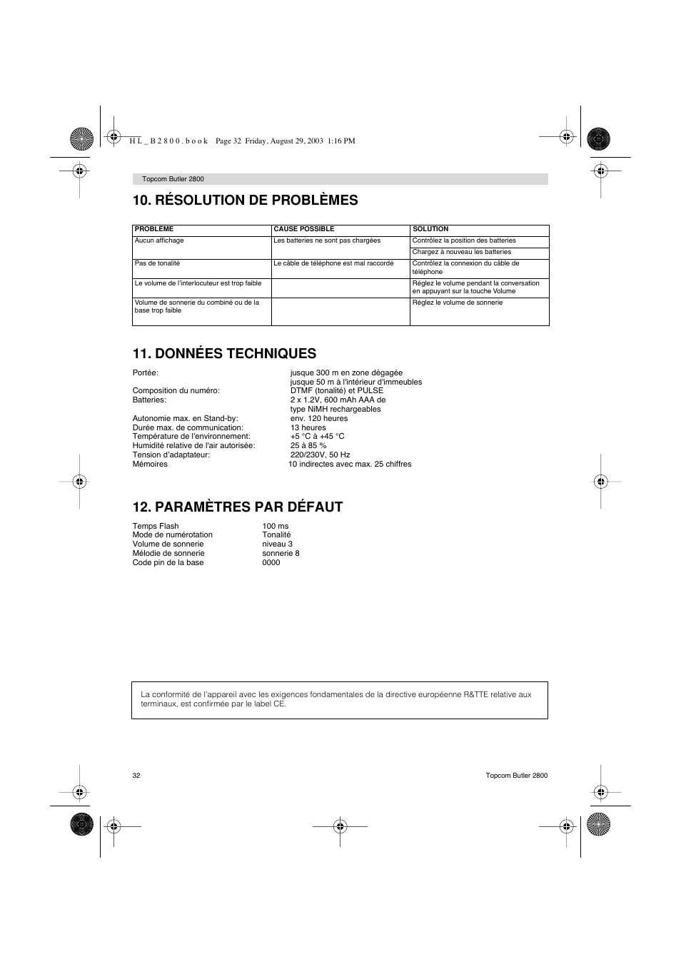 Résolution de problèmes 11. données techniques, Paramètres par défaut | Topcom Butler 2800 User Manual | Page 32 / 44