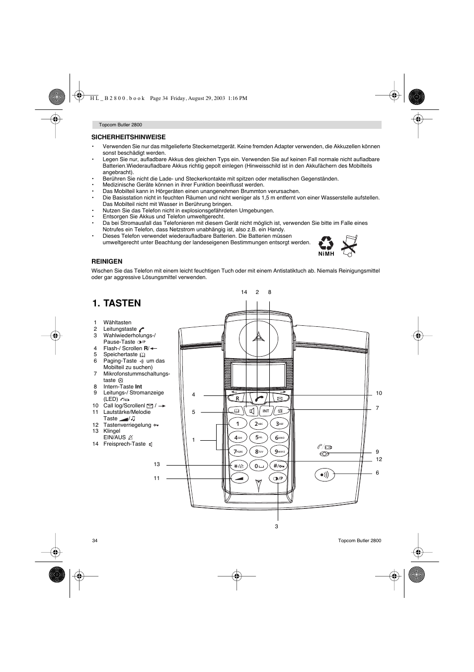 Tasten | Topcom Butler 2800 User Manual | Page 34 / 44