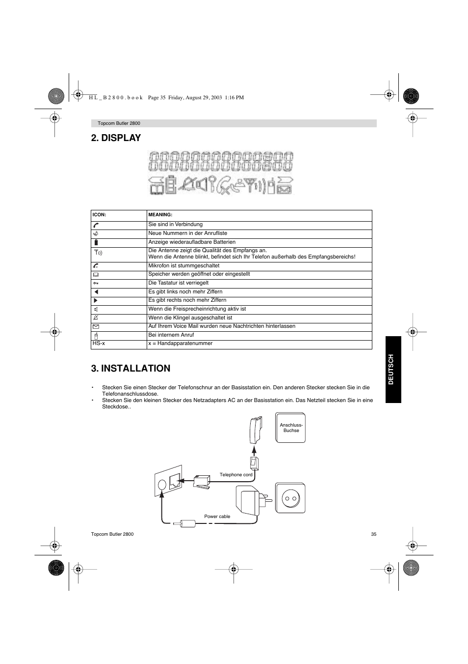 Display 3. installation | Topcom Butler 2800 User Manual | Page 35 / 44