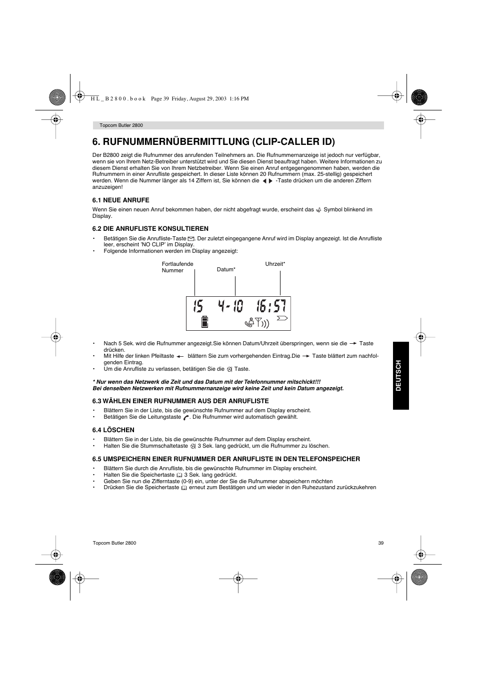 Rufnummernübermittlung (clip-caller id) | Topcom Butler 2800 User Manual | Page 39 / 44