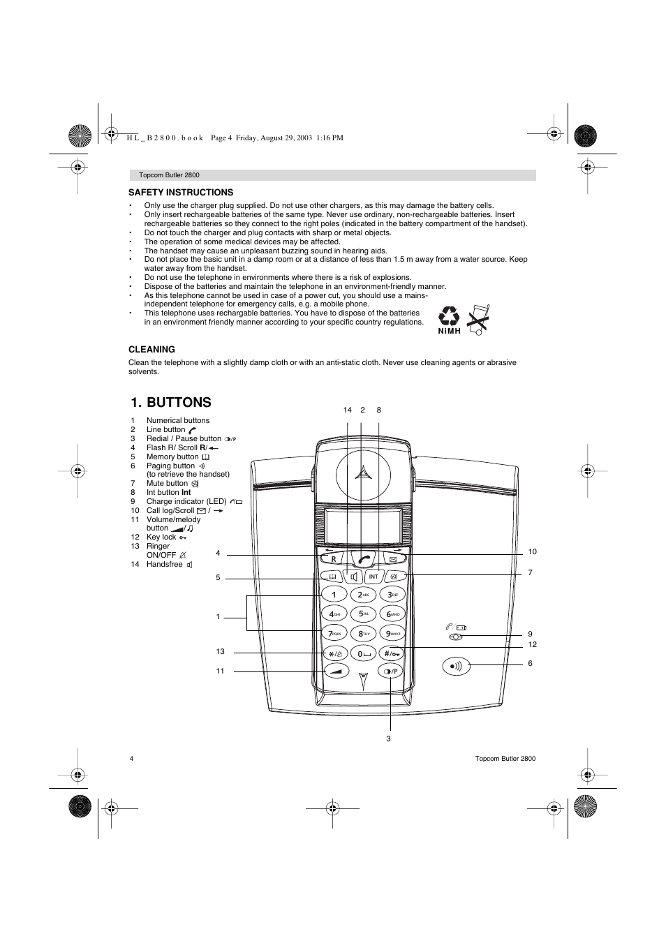 Buttons | Topcom Butler 2800 User Manual | Page 4 / 44