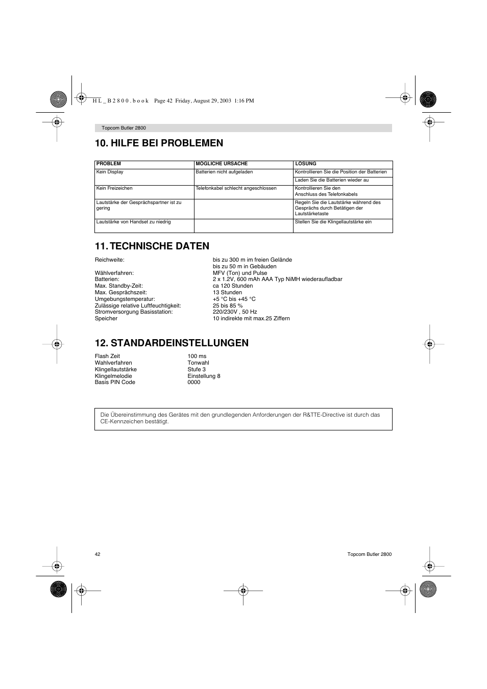 Hilfe bei problemen 11. technische daten, Standardeinstellungen | Topcom Butler 2800 User Manual | Page 42 / 44
