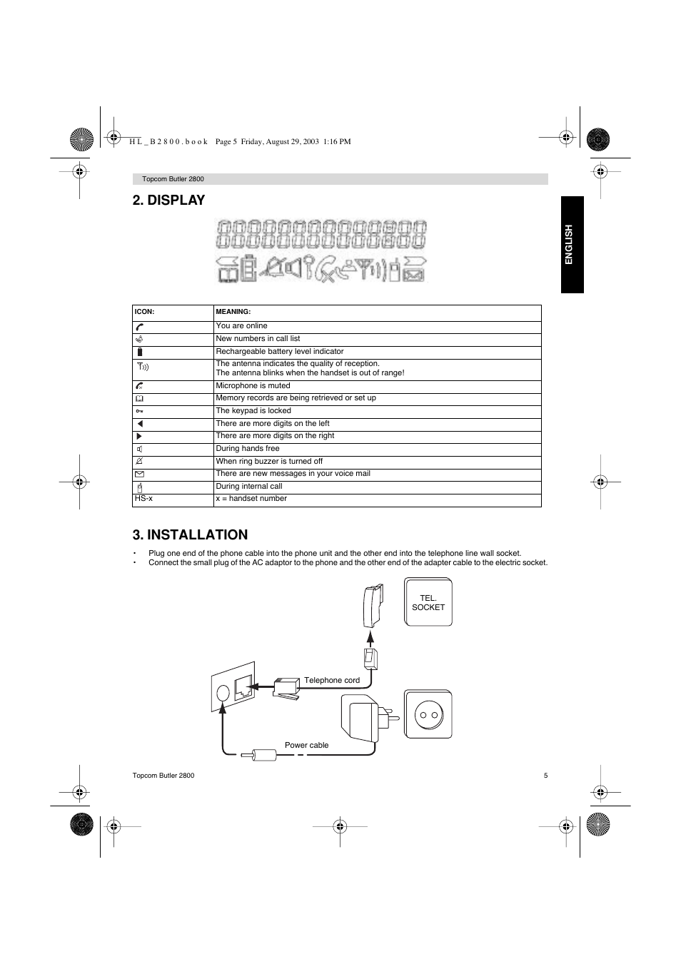 Display 3. installation | Topcom Butler 2800 User Manual | Page 5 / 44