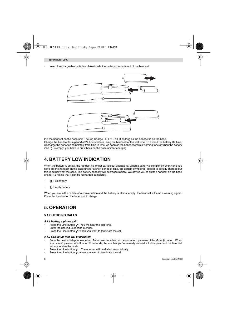 Battery low indication, Operation | Topcom Butler 2800 User Manual | Page 6 / 44