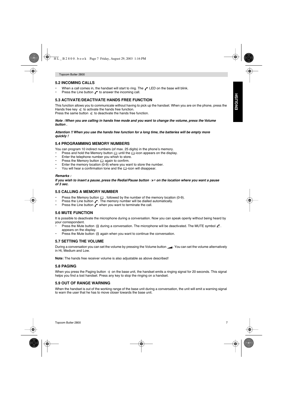 Topcom Butler 2800 User Manual | Page 7 / 44
