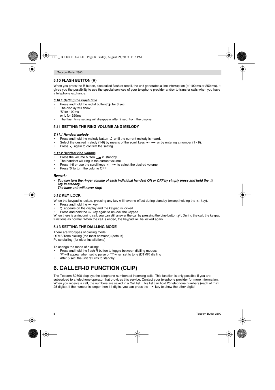 Caller-id function (clip) | Topcom Butler 2800 User Manual | Page 8 / 44