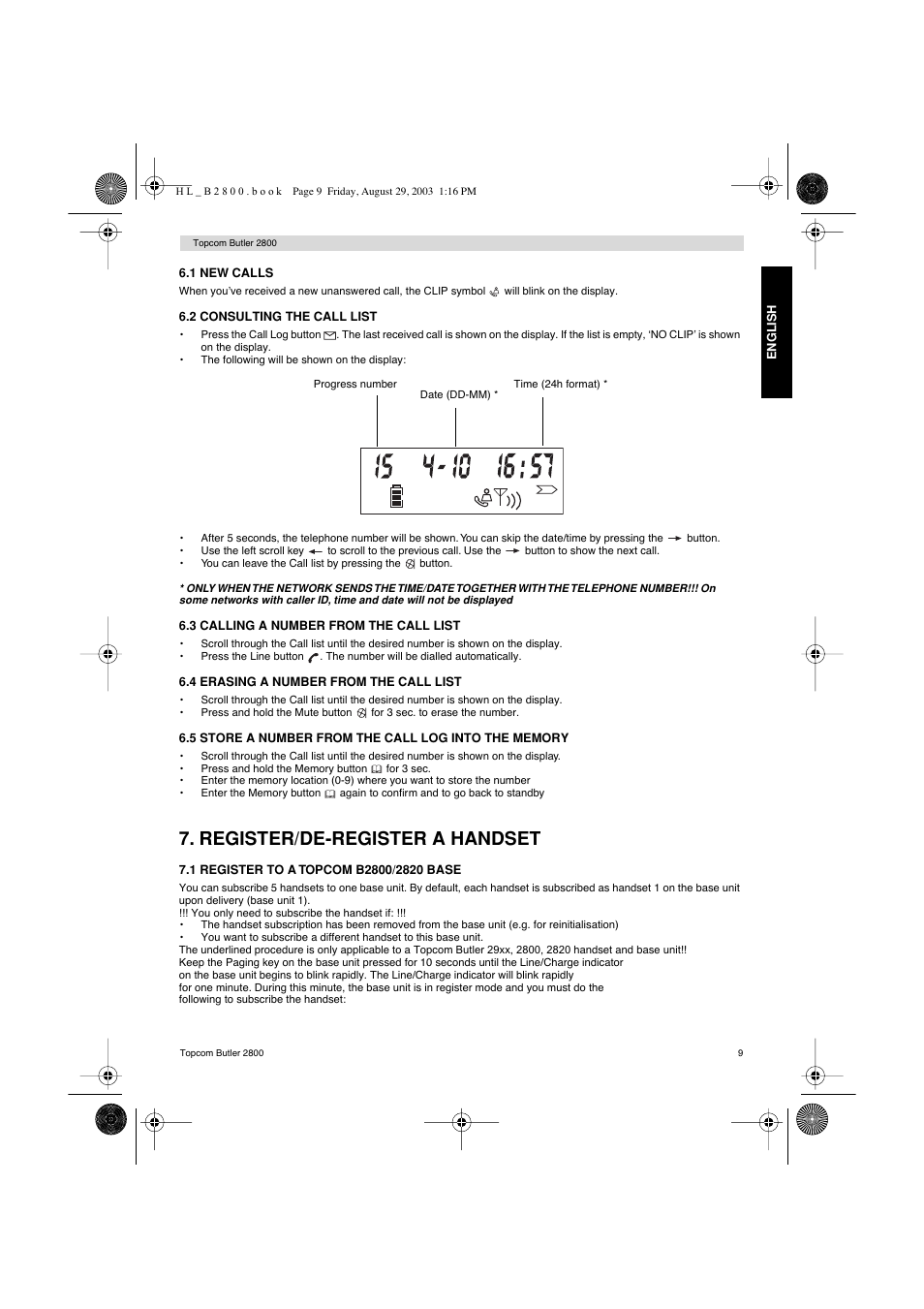 Register/de-register a handset | Topcom Butler 2800 User Manual | Page 9 / 44