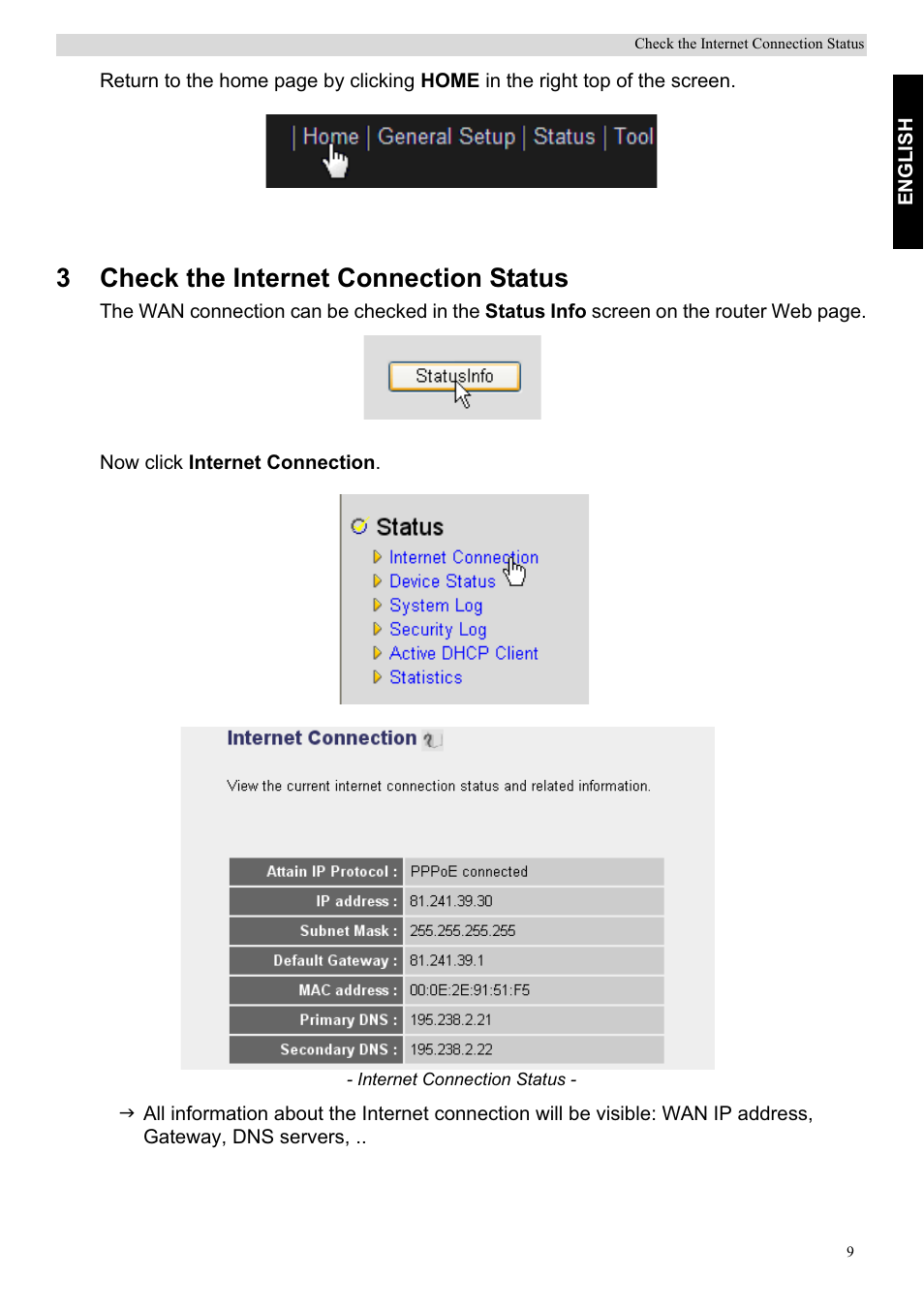 3check the internet connection status | Topcom Skyr@cer WBR 7201 N User Manual | Page 15 / 120