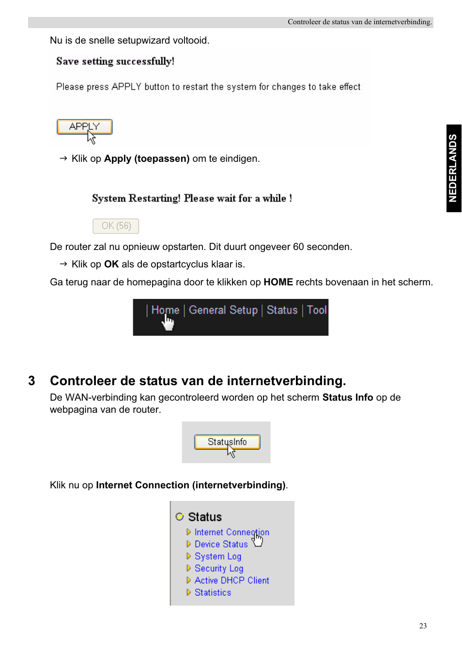 3controleer de status van de internetverbinding | Topcom Skyr@cer WBR 7201 N User Manual | Page 29 / 120