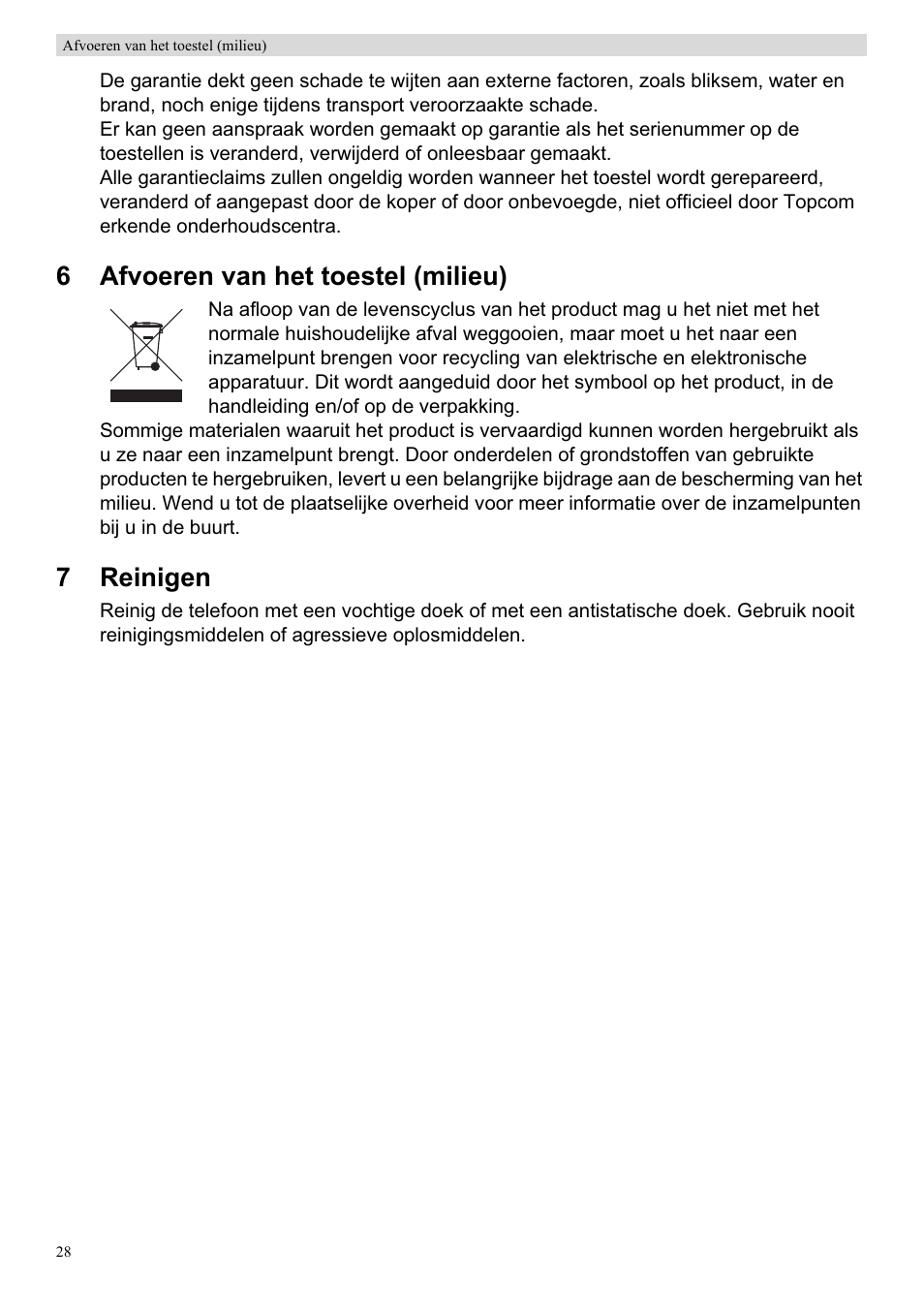 6afvoeren van het toestel (milieu), 7reinigen | Topcom Skyr@cer WBR 7201 N User Manual | Page 34 / 120