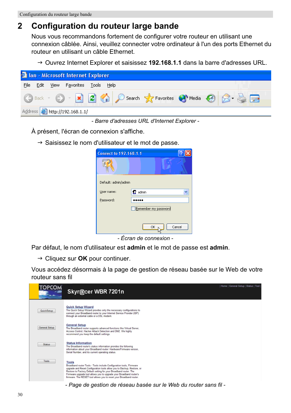 2configuration du routeur large bande | Topcom Skyr@cer WBR 7201 N User Manual | Page 36 / 120