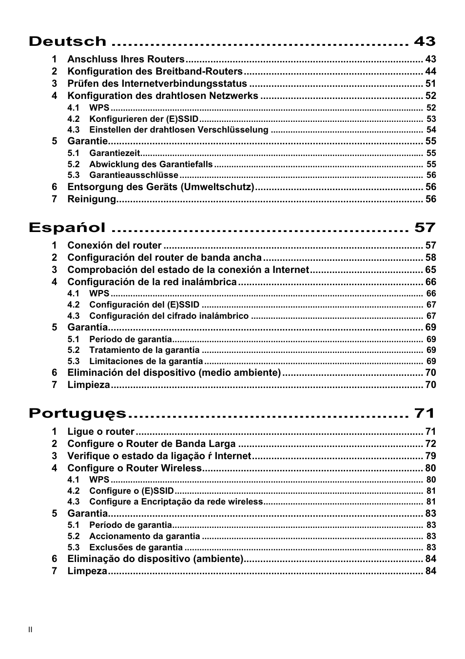 Deutsch, Espaĕol, Portuguċs | Topcom Skyr@cer WBR 7201 N User Manual | Page 4 / 120