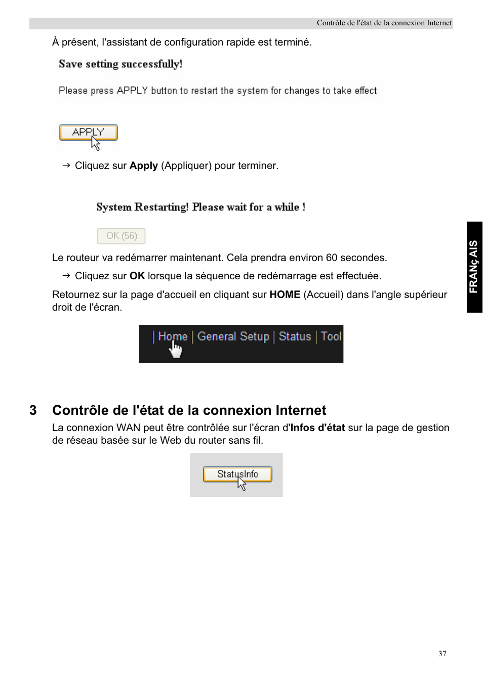 3contrôle de l'état de la connexion internet | Topcom Skyr@cer WBR 7201 N User Manual | Page 43 / 120