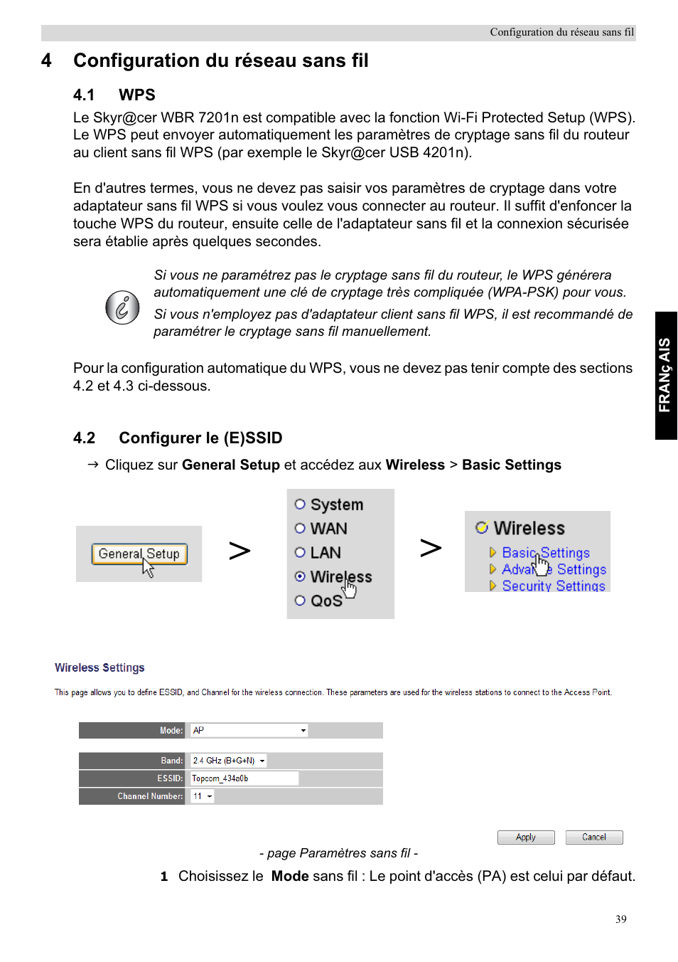 4configuration du réseau sans fil | Topcom Skyr@cer WBR 7201 N User Manual | Page 45 / 120