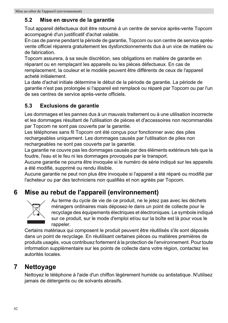 6mise au rebut de l'appareil (environnement), 7nettoyage | Topcom Skyr@cer WBR 7201 N User Manual | Page 48 / 120